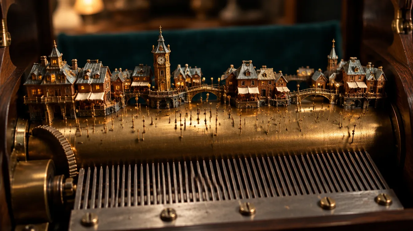 Tessara as a miniature brass city built along the top of a music box cylinder, pins rising between the streets like lamp posts