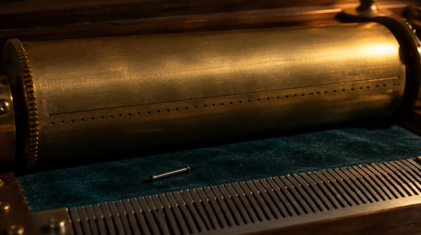 The last stretch of the brass cylinder, smooth and empty of pins, a single loose pin lying on the teal velvet below