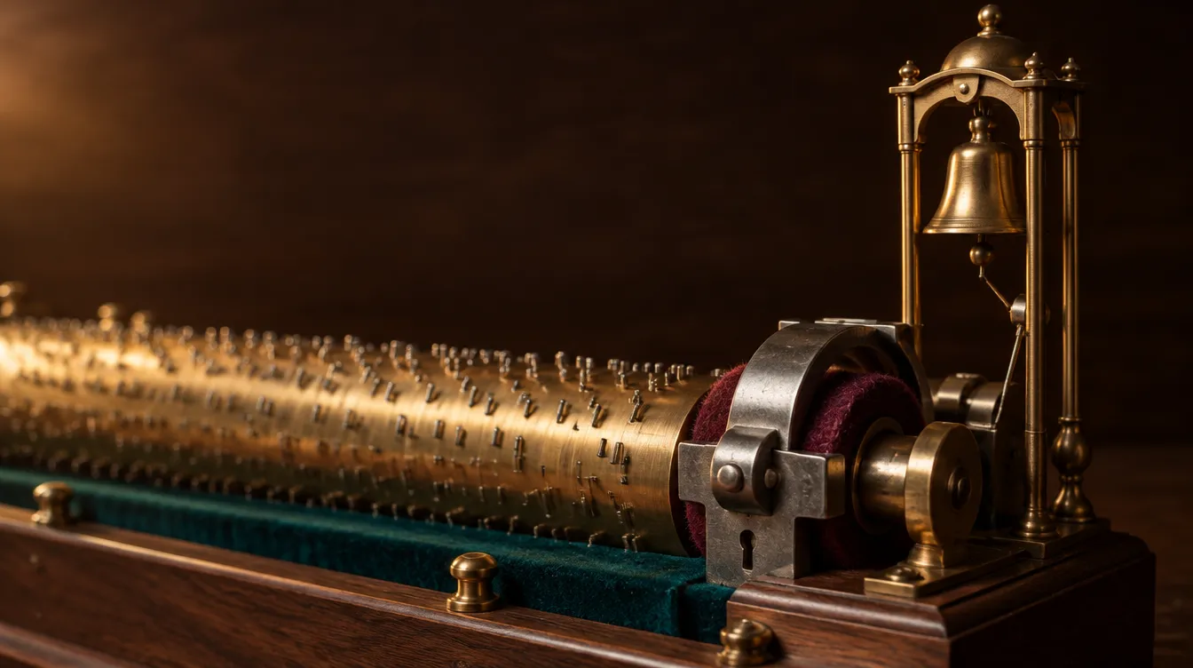 A slender brass bell tower at the end of the cylinder, a heavy steel lock with wine felt clamped on the axle
