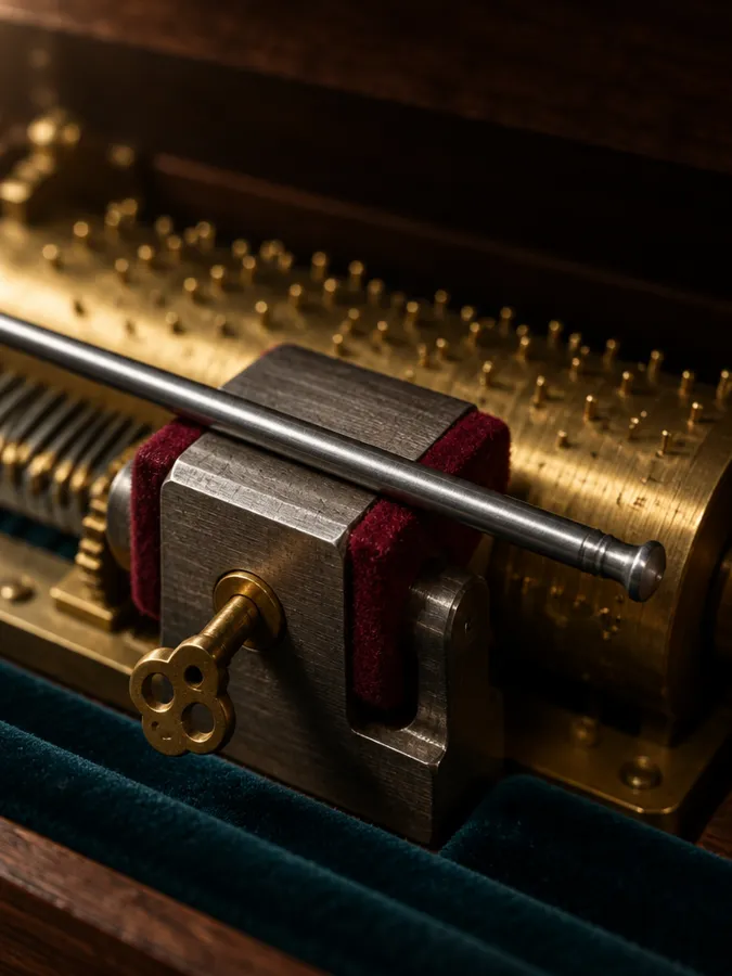 A steel conductor baton resting across the felt-lined lock on the cylinder axle