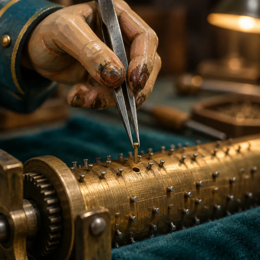 A painted figurine hand with oil-stained fingertips lifting one brass pin out of the cylinder with steel tweezers