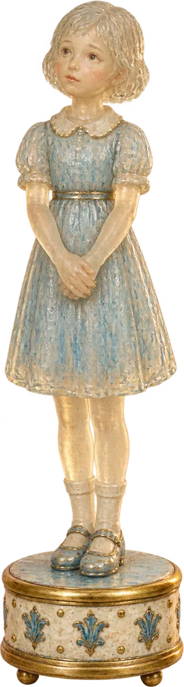 Linnet as a small pale glass figurine in a light blue dress, hands folded, half see-through