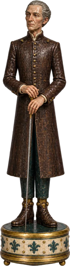 Maestro Orrin Bellweather as a tall thin figurine in a long buttoned walnut coat, a steel baton held point down