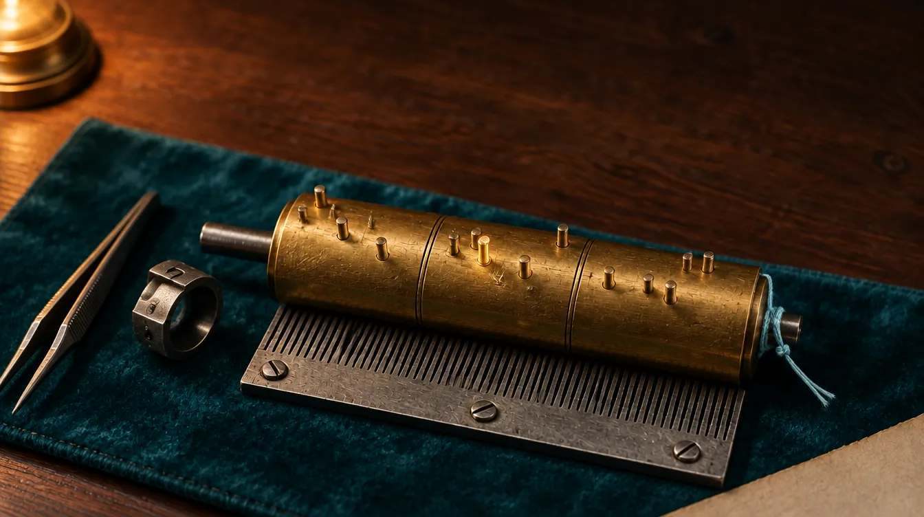 The same cylinder with a new pin in the middle bar, the lock collar lying open and a pale blue thread tied at one end