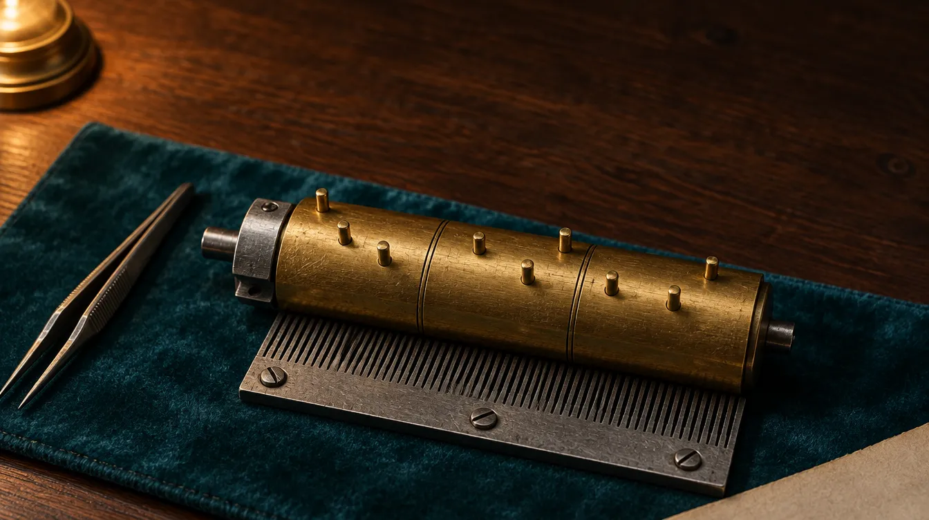 A short brass cylinder with eight pins over three bars, a steel lock collar clamped on its axle