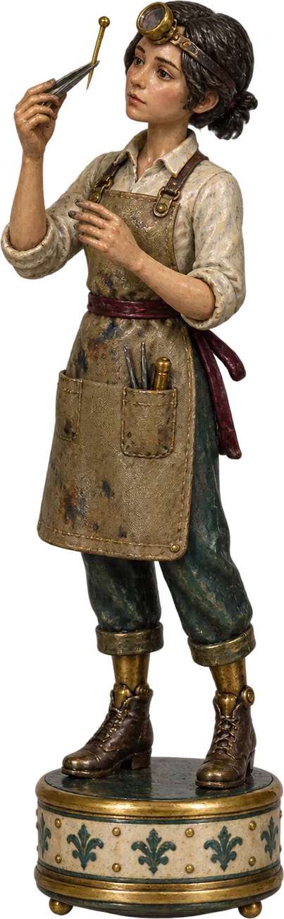 Wren Calloway as a painted brass figurine in a stained apron, a magnifier on her forehead, lifting one pin with tweezers